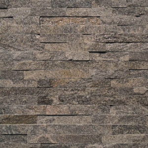 Close-up view of pink quartzite split face ledger panels, showcasing natural stone texture.
